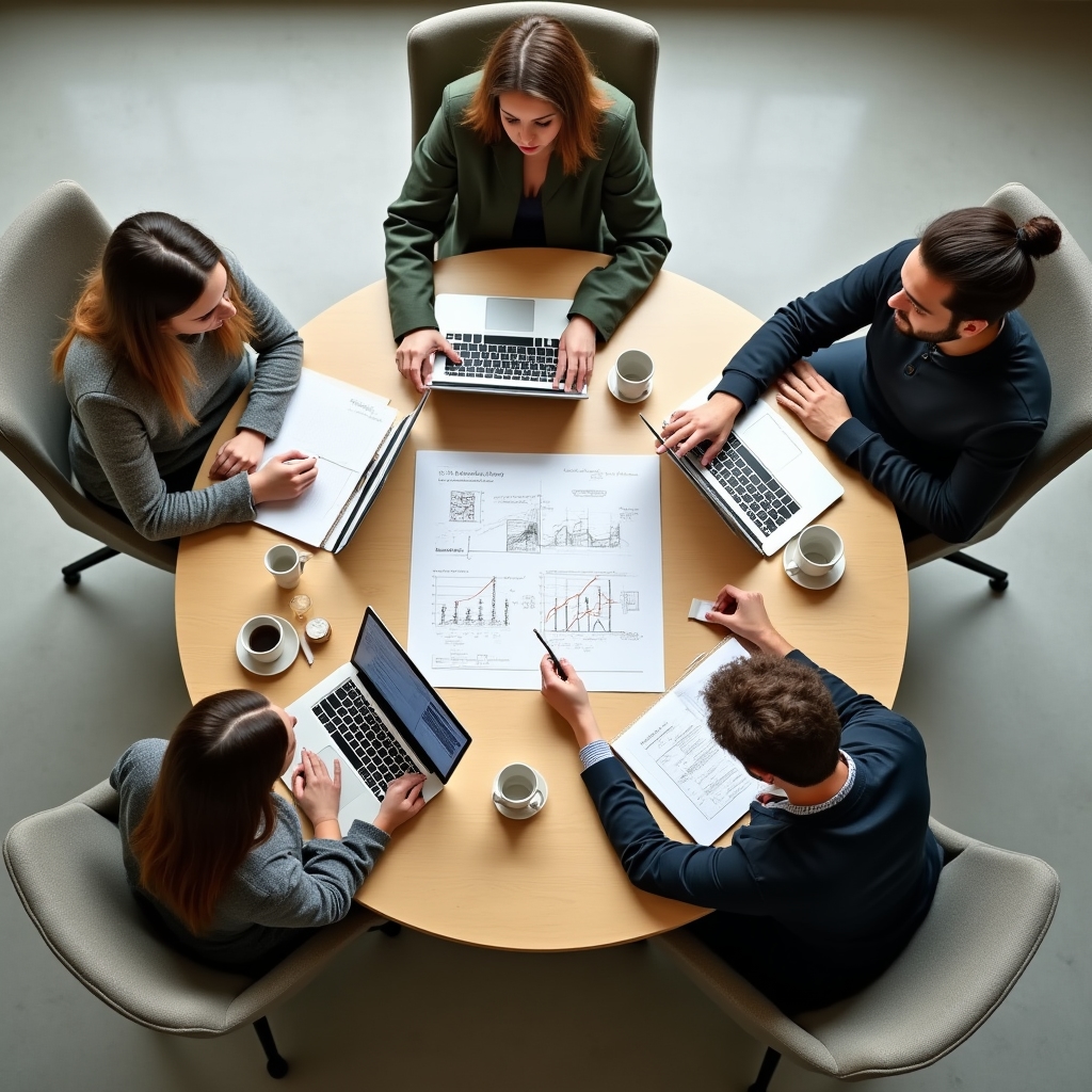 Gruppe junger Erwachsener sitzt an einem Tisch mit Laptops und Notizen während eines Workshops